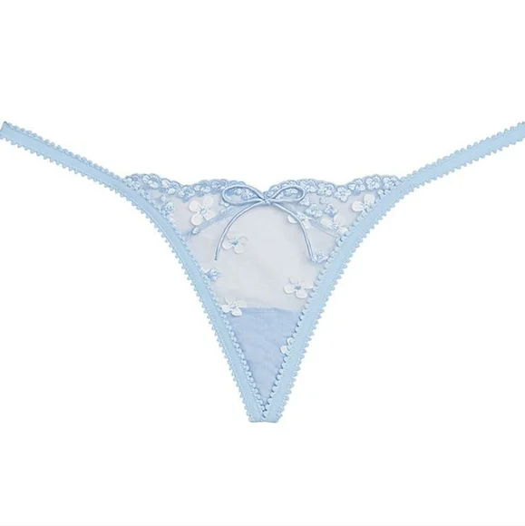 For Love and Lemons 3pc SET Blue Daisy Embroidered Bra, Thong & Garter